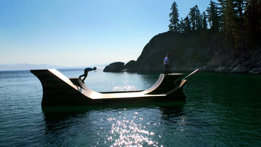 A 7,300 lb (3,311 kg) floating skateboard ramp has been installed on Lake Tahoe as part of Visit California's Dream365 tourism campaign