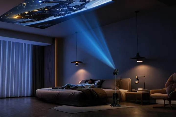 The hinged projector head can be angled to throw imagery on walls or ceiling
