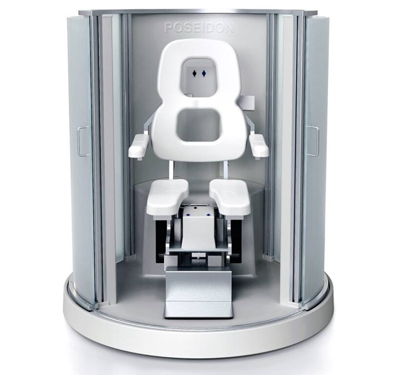 The Poseidon features an ergonomic seat that extends out of the cylindrical shower stall on a telescopic arm, allowing the user to swing themselves from their wheelchair into it
