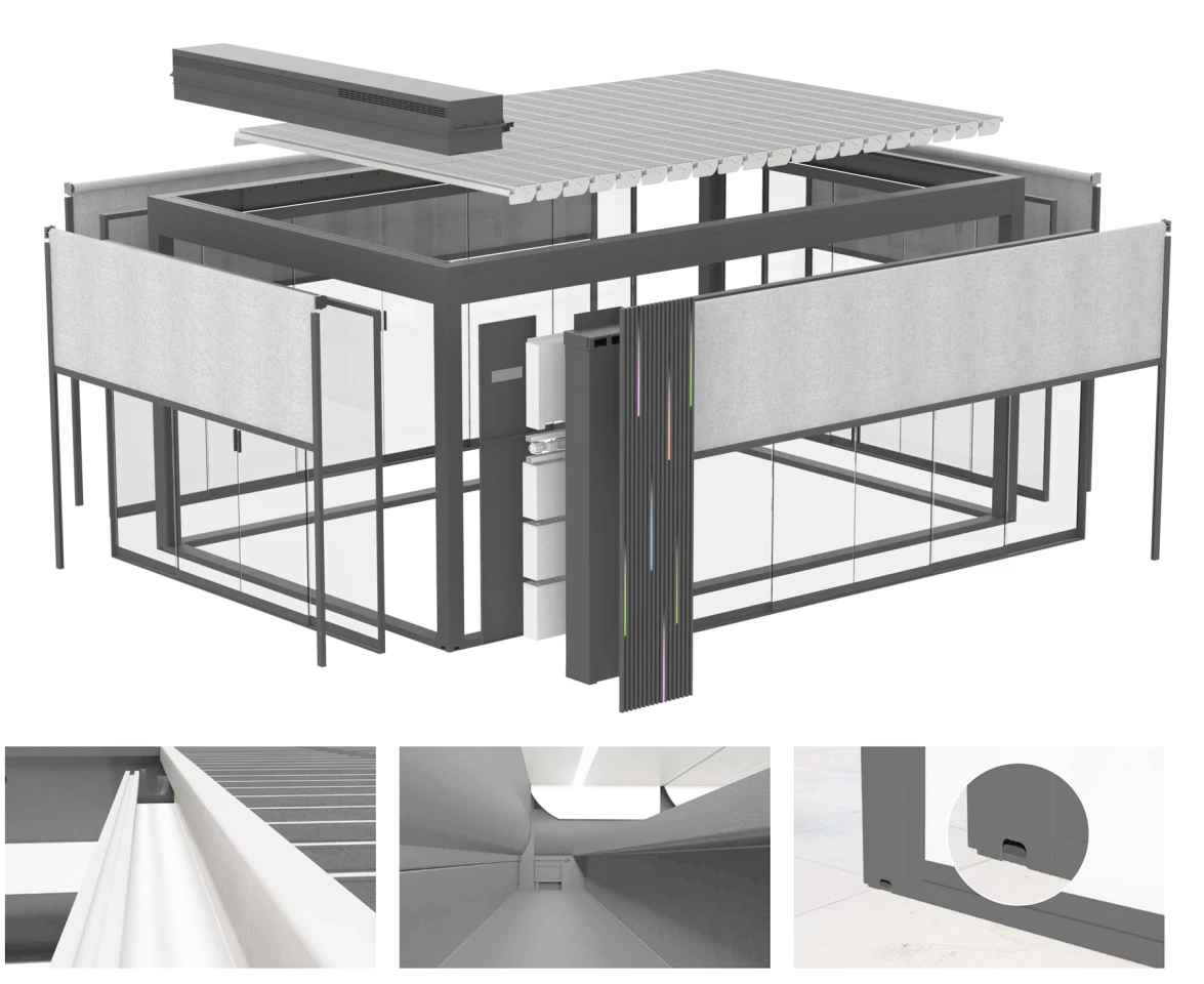 The Ombra may look simple when it is assembled, but the complexity of the design and the myriad patents in place suggest the company has been thinking about it for a very long time - from the 120-degree flipping solar panel louvres, to the roof locking mechanisms, the orchestration and automation of blinds and glass walls and shades ... all the way to drainage. It's a study in design worth exploring.