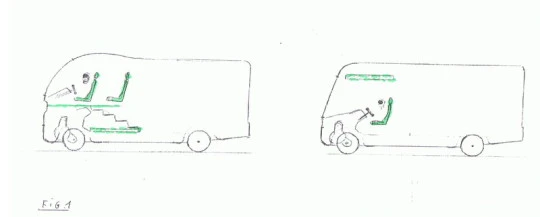 Sketch of Skydancer's reverse alcove design (left) next to a more traditional RV driving cab