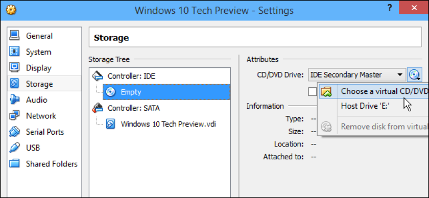 Select the Windows 10 ISO as the virtual DVD before installation