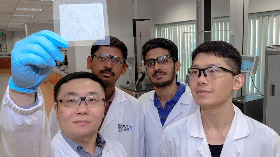 Assistant Professor Tan Swee Ching (left) and his team, with a sample of the hydrogel