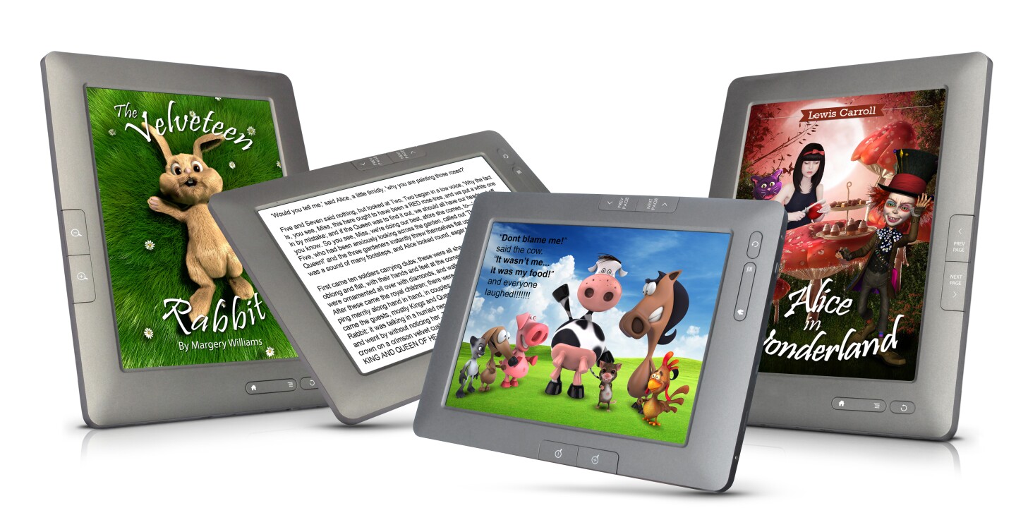 The GoBook Imagine features an LED-backlit 8-inch touchscreen display at 800 x 600 pixel resolution flanked by physical page turn, zoom, volume and power buttons