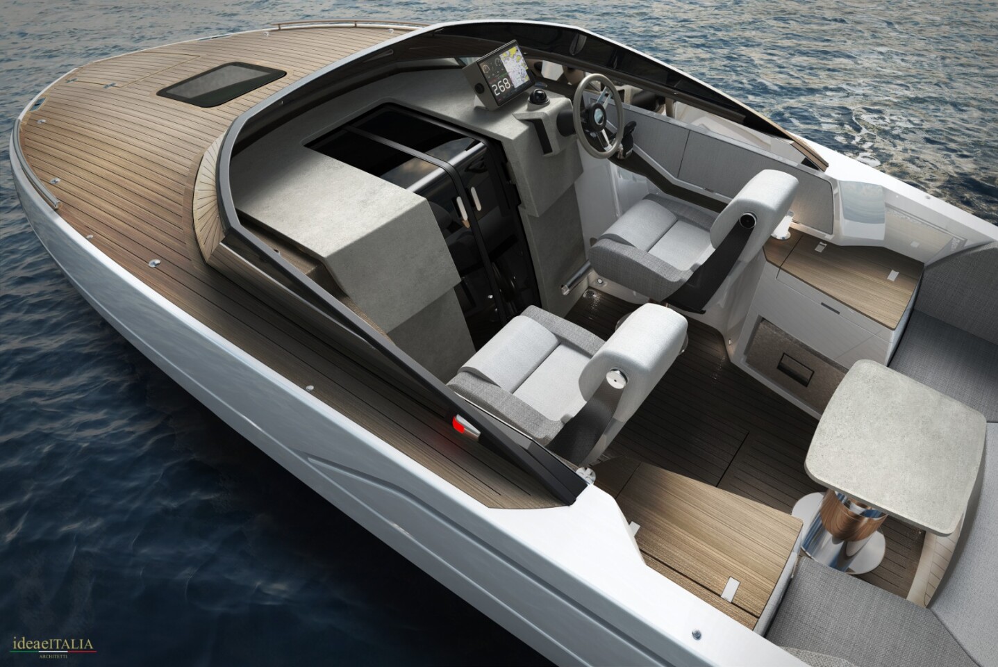 The double-sliding doors lead below to the cabin