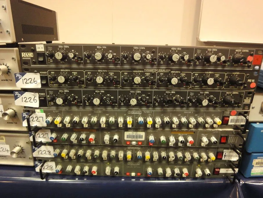Some Rane PE15 parametric analyzers, Calrec RQQ2200 filters and equalizers and Calrec RQD6400 twin stereo compressor/limiters