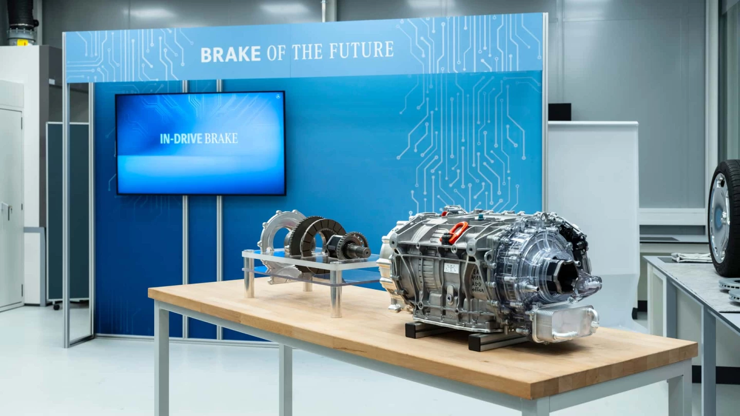 The Mercedes-Benz in-drive brake system fits inside the electric motor drivetrain pictured on the right