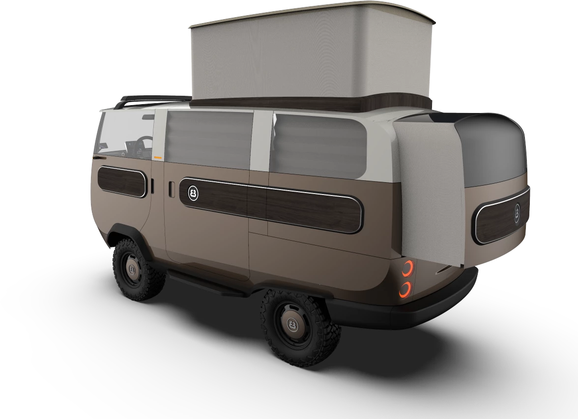 One available configuration, the eBussy Camper features a slide-out and pop-up roof to open up the compact interior