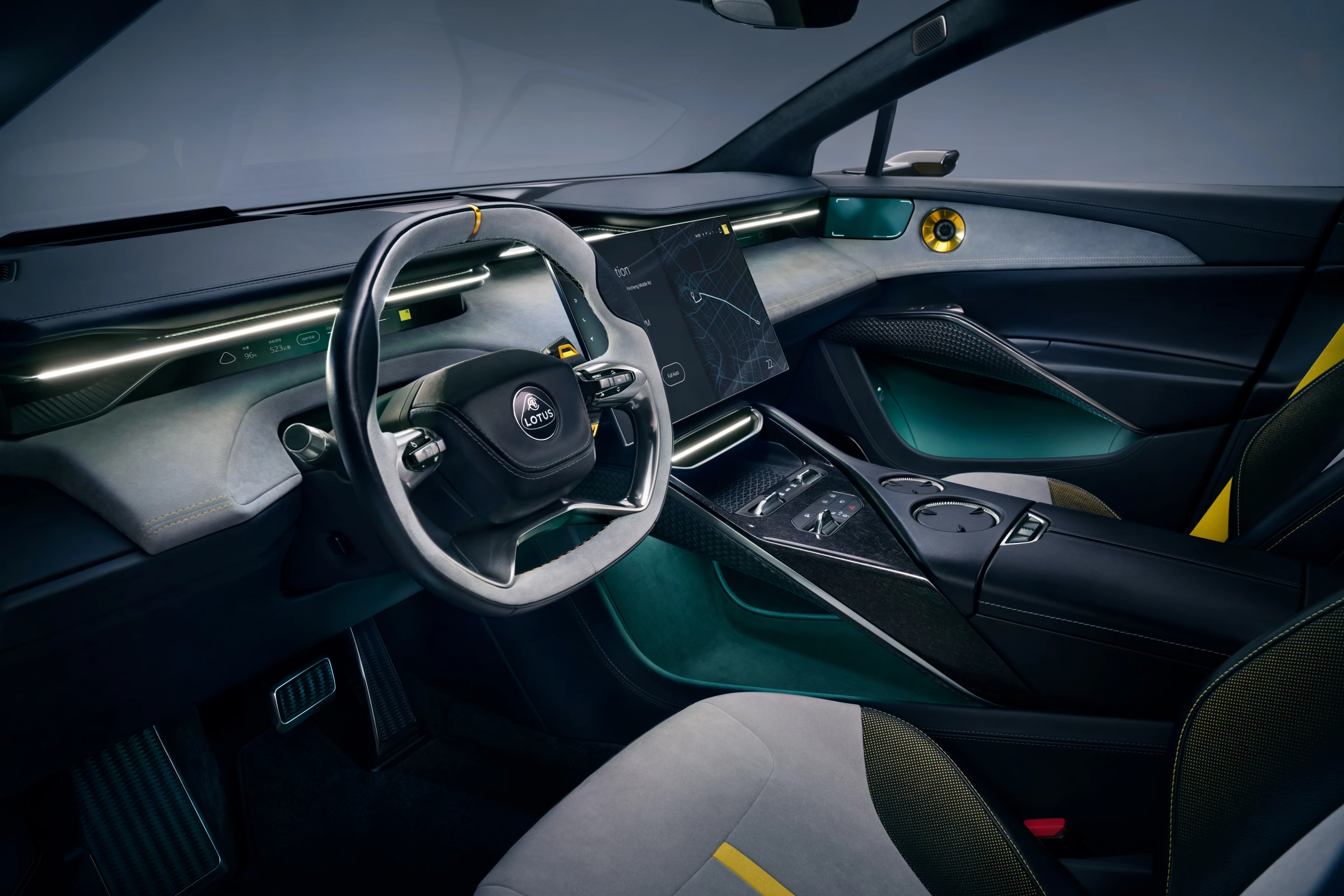 Behind the wheel you can see the ultra-slim digital instrument panel, which is mirrored on the passenger side, albeit with different info