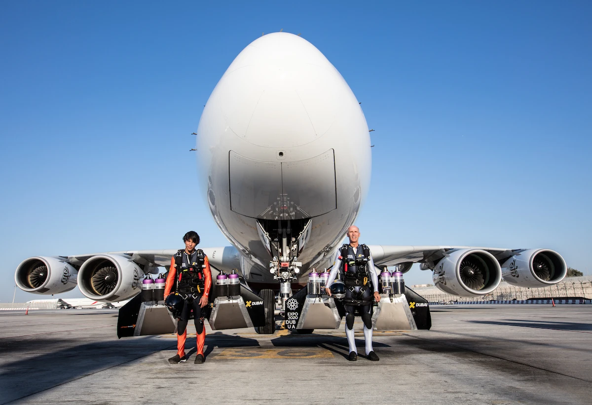 In the surreal video released by Emirates, Rossy and his sidekick Vince Reffet are dropped from a helicopter at an altitude of 5,500 ft (1,676 m)