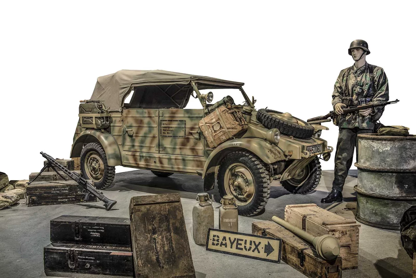 What we know now as Volkswagen got it's start in 1934 when as the Volks Wagen (People's Automobile), when Ferdinand Porsche was asked to develop an affordable car for the German people. Commercialised in 1937, Porsche had already been asked to develop a 950 kg military vehicle based on "the beetle" that would transport four people and their equipment and the Type 82 was created. Nicknamed the Kübelwagen ("tub car"), and only 2WD, it was light enough to go places heavier 4WD models could not, and earned a fine reputation in the field, with 55,000 Type 82s in service. This Kubelwagen sold for €68,200 (US$76,091) at the D-Day sale off an estimate of €25,000 to €45,000. The lessons learned in wartime about the already exceptional Porsche design in the field enabled Volkswagen to eventually build a brand around reliability and affordability which is today one of the largest automobile manufacturers in the world.