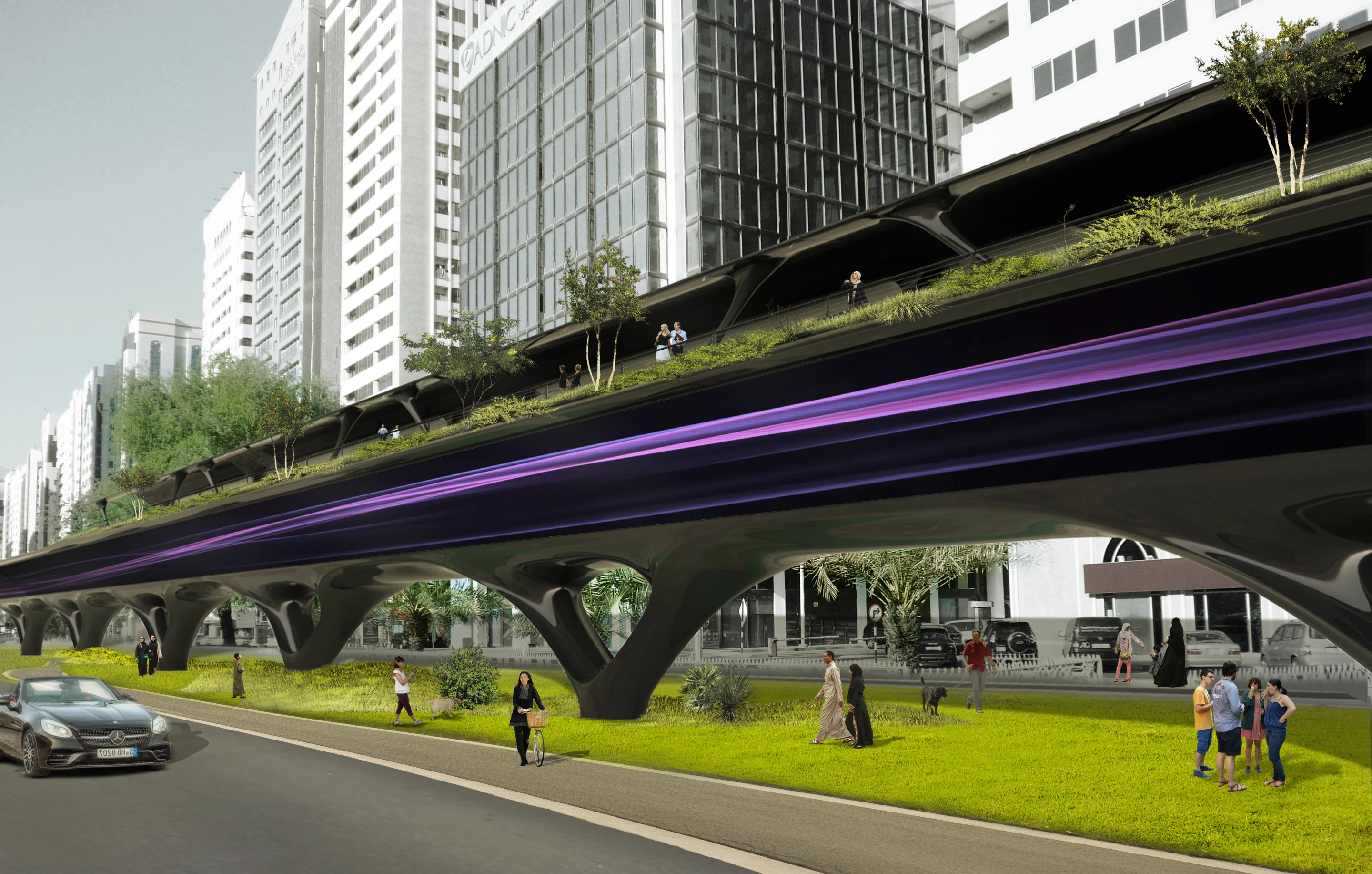 In busier areas, sections of the solar arrays atop the hyperloop system would be swapped out for green walkways for pedestrians