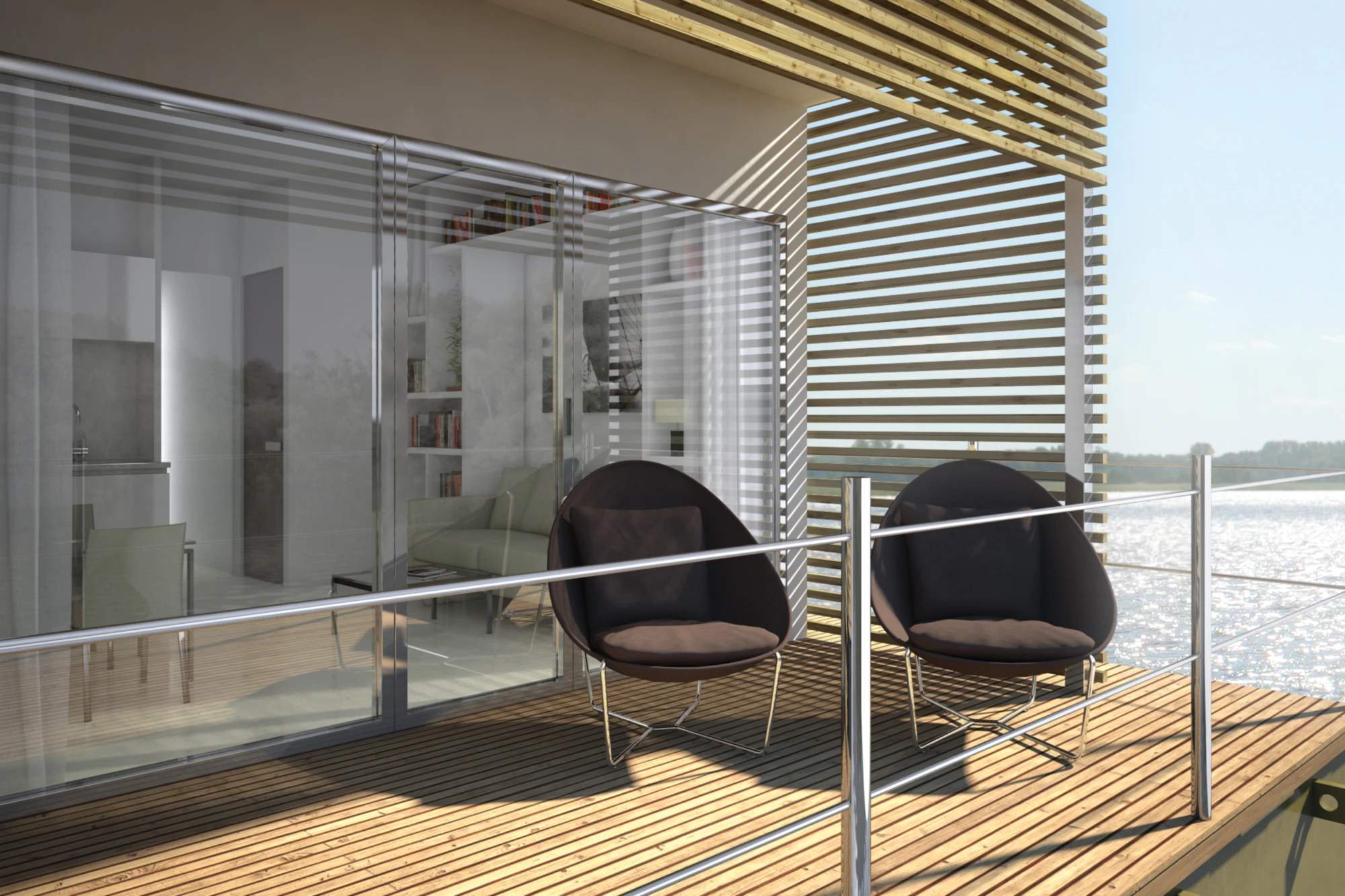 Design options include floor to ceiling sliding glass doors which join the living space to an outdoor deck
