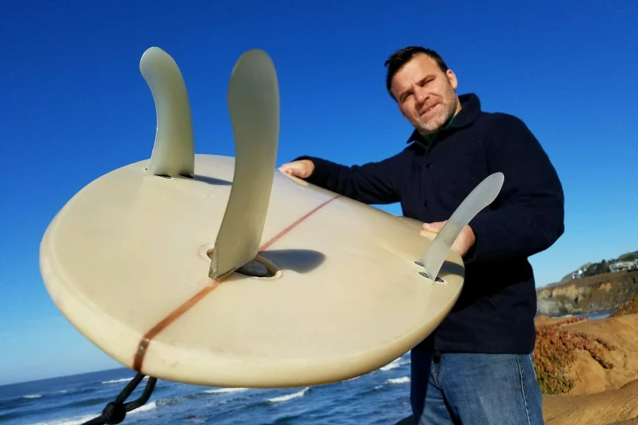 Surfer/inventor Klaus Dilling, with one of his TunaFlex-equipped boards