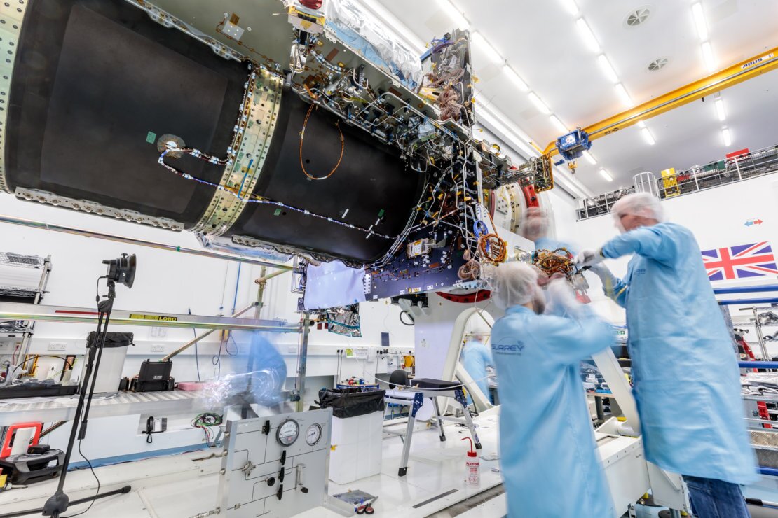 The SSTL-built Eutelsat Quantum platform is pictured in SSTL's cleanroom in Guildford, UK