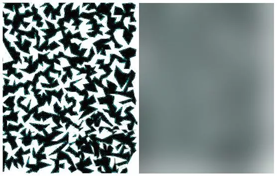 On the left appears a fractal having a two-dimensional structure not unlike the filamentary structure of the Universe. On the right appears the same fractal averaged over regions having about one-tenth of the area of the original (Image: Brian Dodson)