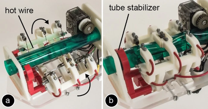 Heated wire cuts the formed tubes