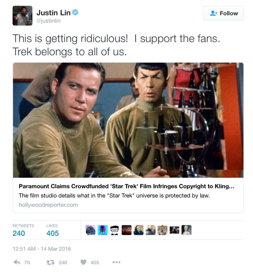 Star Trek: Beyond director Justin Lin's tweet of support to the Axanar filmmakers