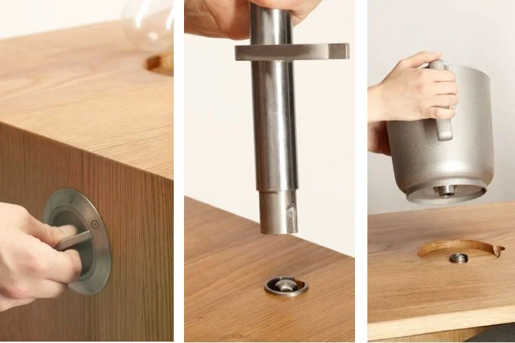 Left - the speed control dial;Middle - components can be detached for easy storage;Right - the kitchen machine bowl can also be used with the hand blender