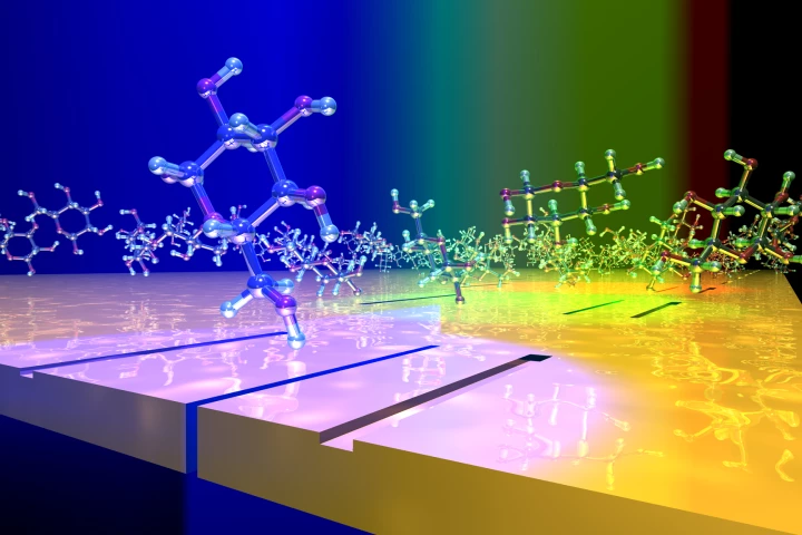 A depiction of glucose molecules moving across the surface of a plasmonic interferometer
