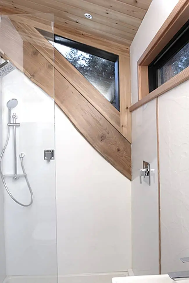 The bathroom includes low flush toilet, shower with dual shower heads, sink, storage, and ceiling fan