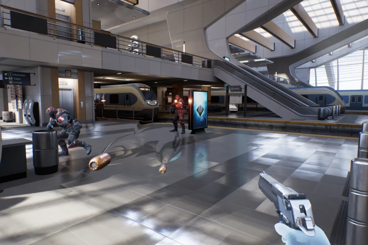 Slowing down time and teleporting around a train station in Epic's Bullet Train