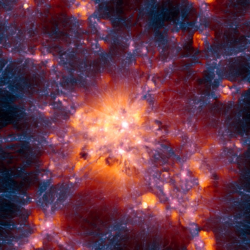 A simulation of the large-scale structure created as part of the Illustris simulation, with the distribution of dark matter displayed in blue and gas distribution in orange (Image: ESO/Illustris Collaboration)