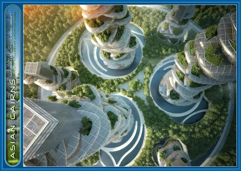 The plans would require the buildings to be arranged over a space of 320,000 square meters (approx. 79 acres) with vegetation incorporated into almost the entire area, even the structures themselves