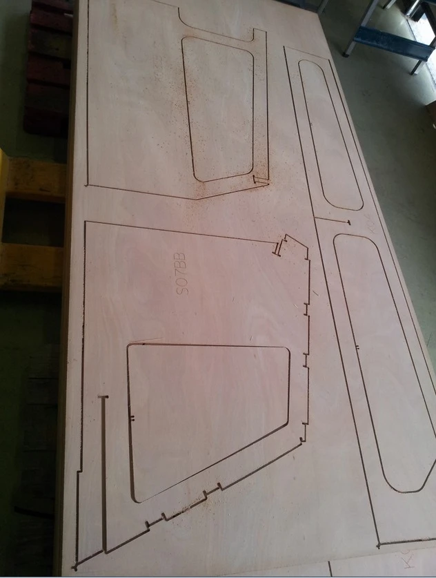 Nautical plywood panels are CNC cut for the first test prototypes
