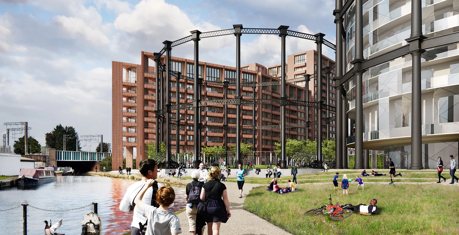 Gasholder Park sits at the side of the Regent's Canal in the King's Cross area of London