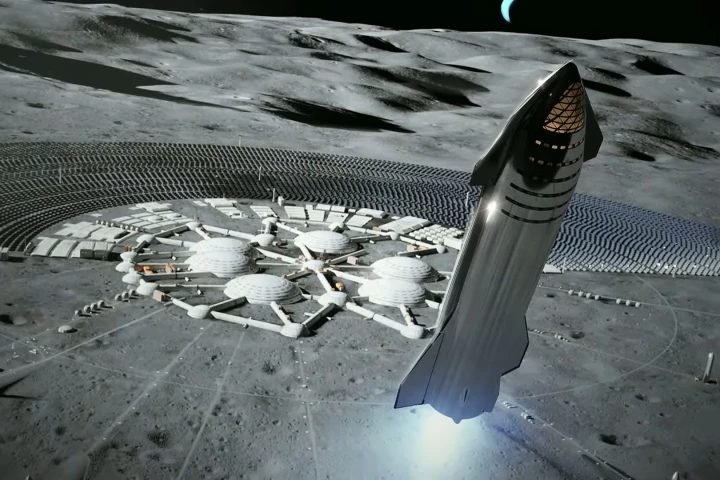 Artist's impression of a Starship spacecraft in close proximity to a lunar colony