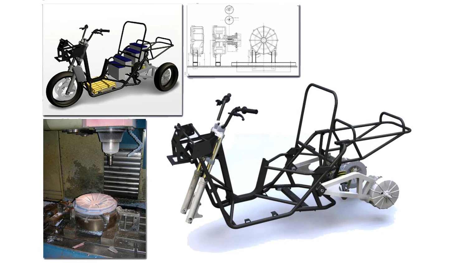 The frame and drive train layout of Siddam Xnovo's electric three wheeler, and we suspect, the Adiva Moose