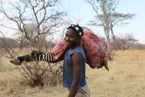 A Hadza man with a chunk of zebra