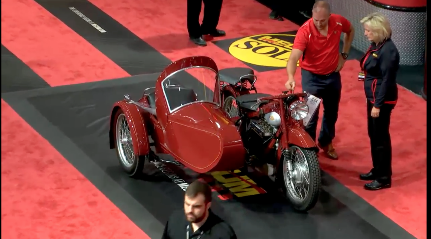 This 1947 Harley-Davidson FL "Knucklehead" is fitted with a 1946 Harley-Davidson sidecar and has just 1,000 miles on the odometer since a cosmetic and mechanical restoration. Estimated at $50,000 to $60,000, it sold for $33,000. Official Auction Description