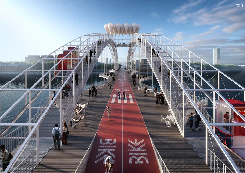A bridge with raised walkways and cycle paths through its center (Image: NEP Bridge Competition)