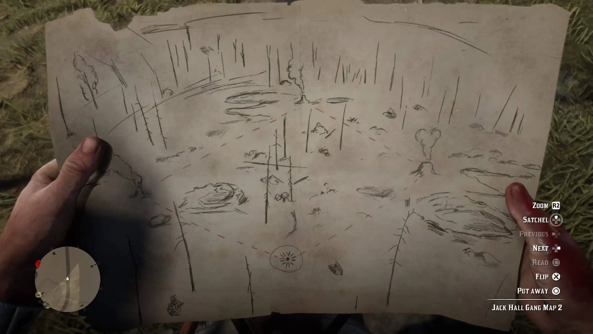 The second map shows a forest of thin trees and three steaming geysers