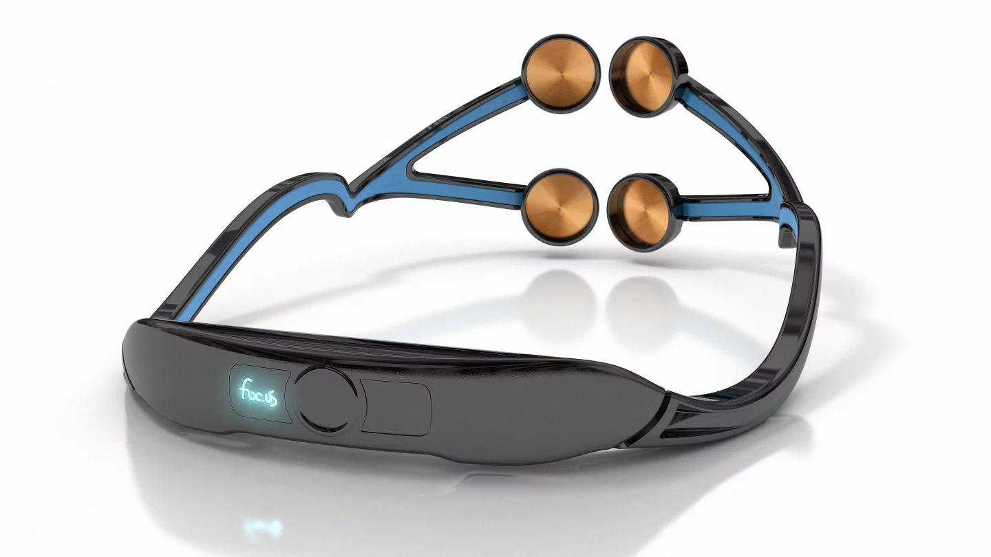 The headset itself is built around a Bluetooth low energy system chip from Texas Instruments connected to an array of four electrodes