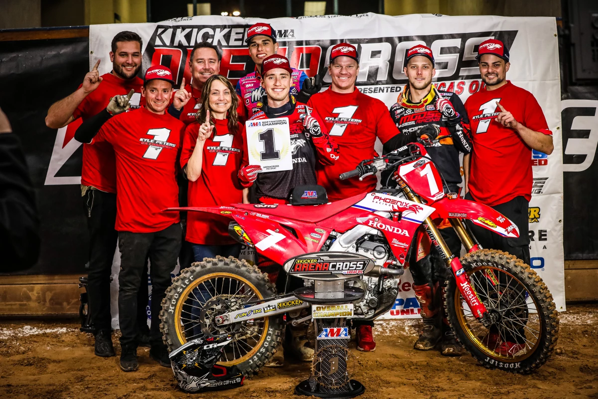 The ol' Honda red is out in force, as Kyle Peters completes a perfect AMA Arenacross season in 2021