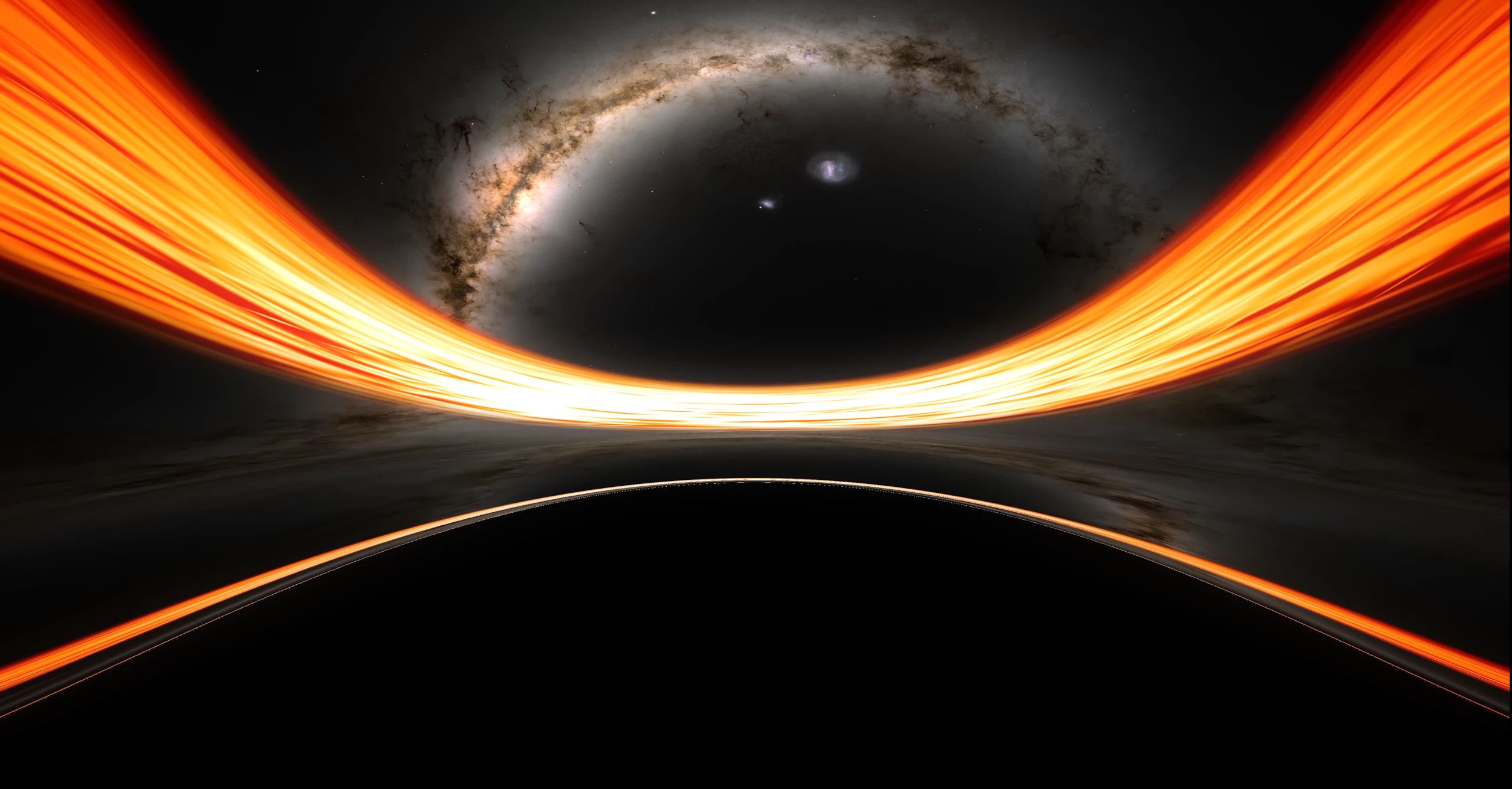 A still from a simulated video showing what it looks like to fall into a supermassive black hole