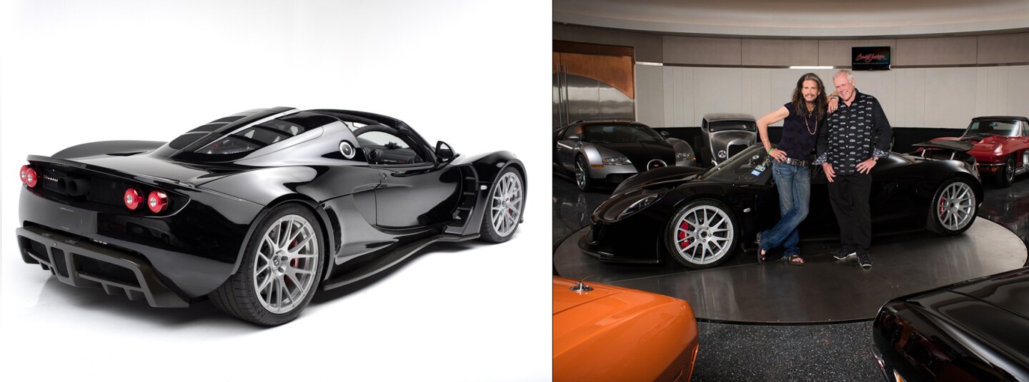 The Hennessey Venom GT Spyder is a very special car without any celebrity provenance. It weighs 1258 kg, and the mid-engined twin turbo 427 ci (7.0 liter) V8 produces 1,244 hp (928 kW), and has been timed at 265.6 mph (427.4 km/h). Aerosmith lead singer Steven Tyler ordered the first one at a cost of $1.1 million in 2012, and the four-time Grammy winner is selling the car to benefit charity through Barrett-Jackson's Scottsdale Auction.and has no reserve, so it will answer the question regarding the value of Steven Tyler's provenance.