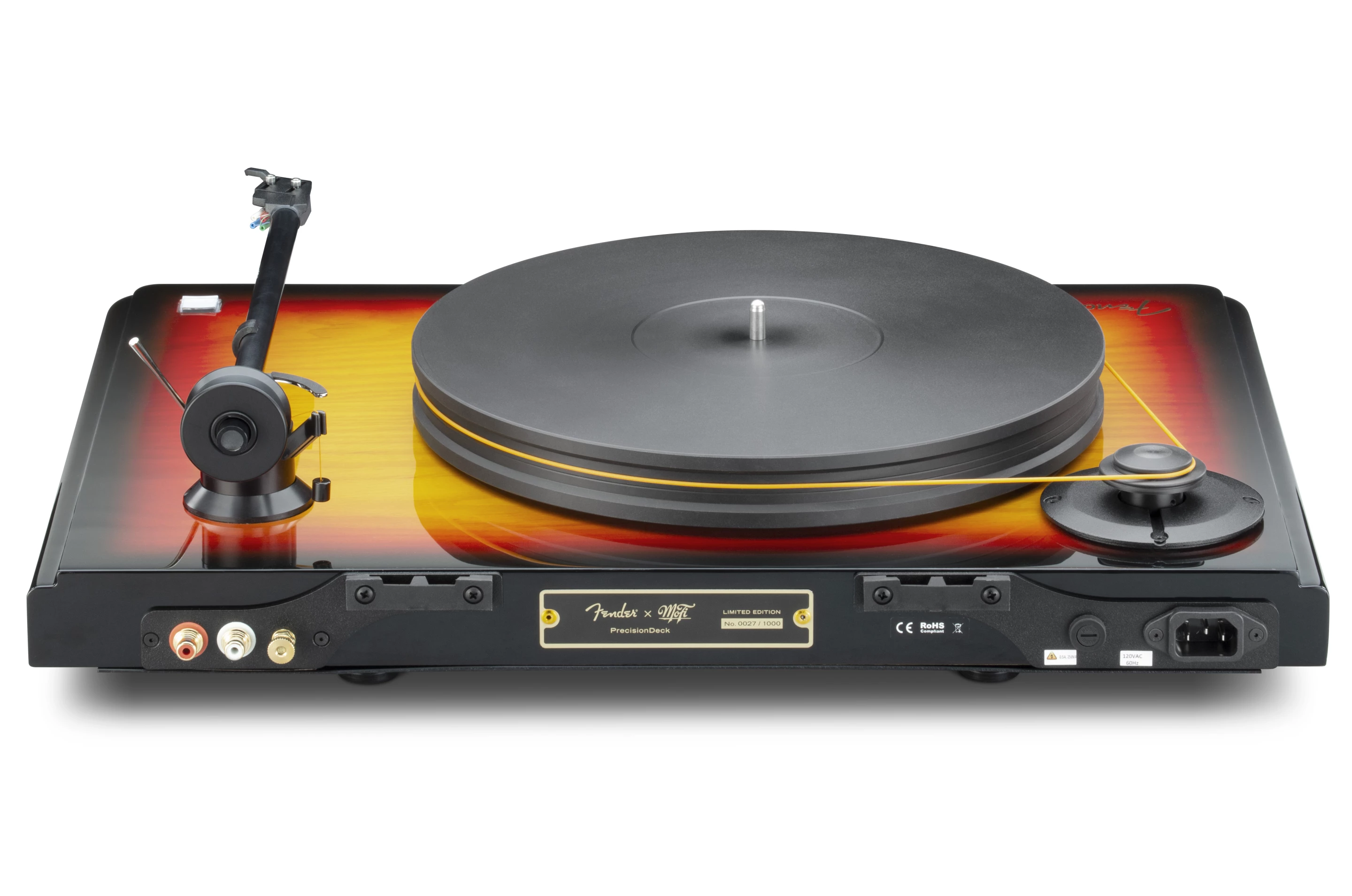 The turntable outputs to a hi-fi amplifier via gold-plated RCA connectors