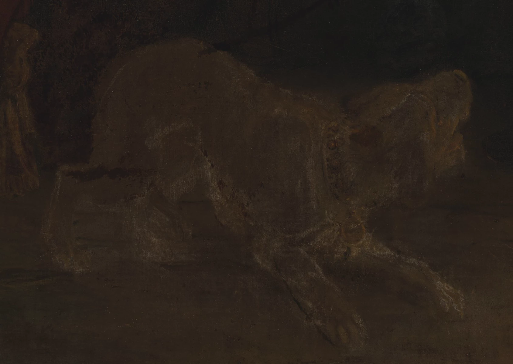 Weirdly unfinished dog sits right at eye level for visitors to this huge canvas