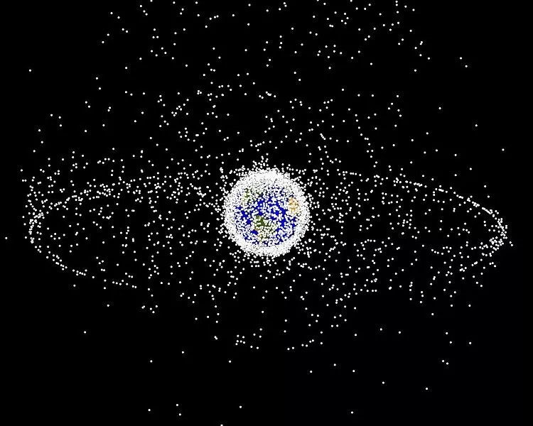 Trackable (>4 in. or 10 cm) orbital debris in orbit around Earth. Largest ring are satellites in geosynchronous orbit (Image: NASA)