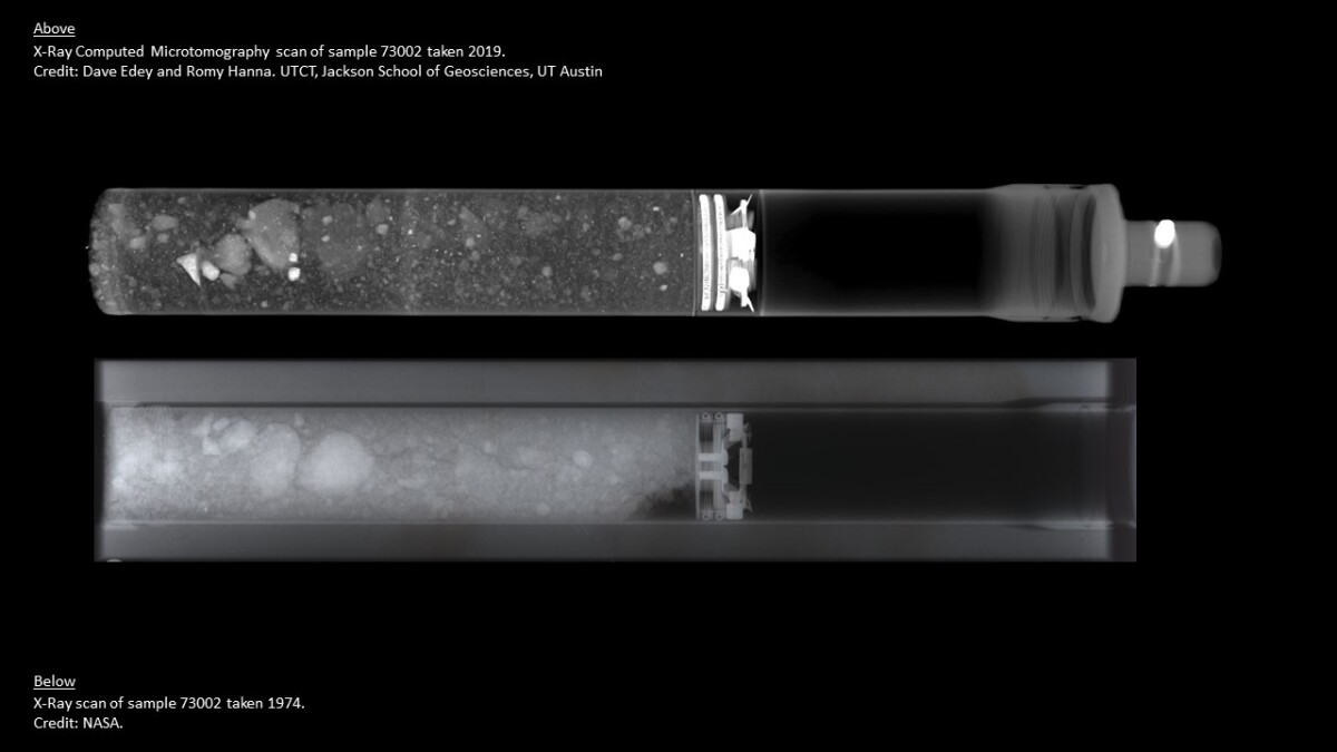 A radiograph scan of a lunar sample taken in 1974 (bottom) and an X-ray scan taken in 2019 (top), illustrating the advances in imaging technology
