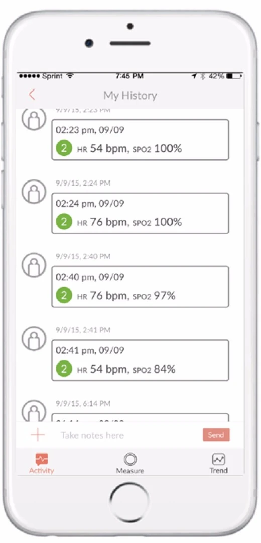 The Mocaheart app lists readings and their annotations