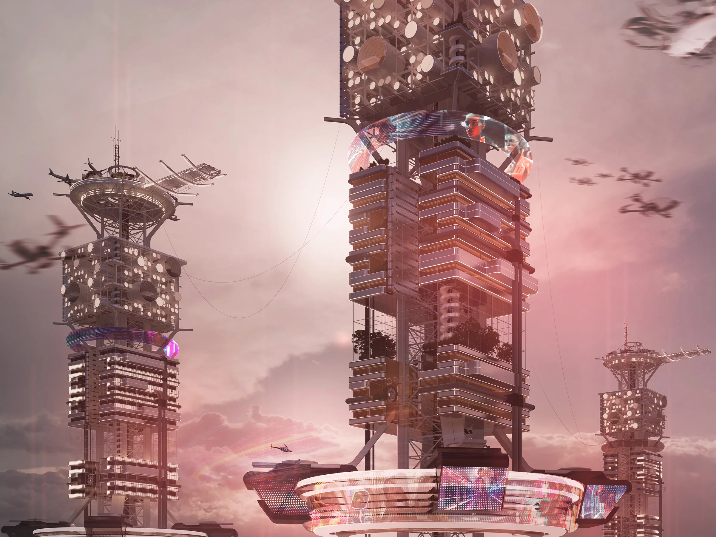 Aerofiber Apex Skyscraper was designed by Fahim Ashab Faroquee and Mahir Aritro. It imagines a high-tech skyscraper with industrial facilities for producing clothing, as well as housing for the workers and their families