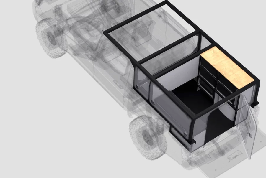 The available shelving unit with worktop across from a bench