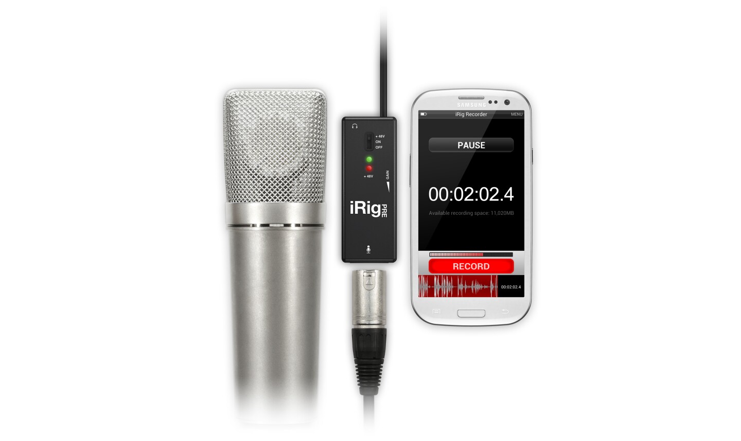 The iRig Recorder for Android can be used with IK Multimedia's iRig PRE microphone pre-amp which allows users to plug in professional XLR microphones