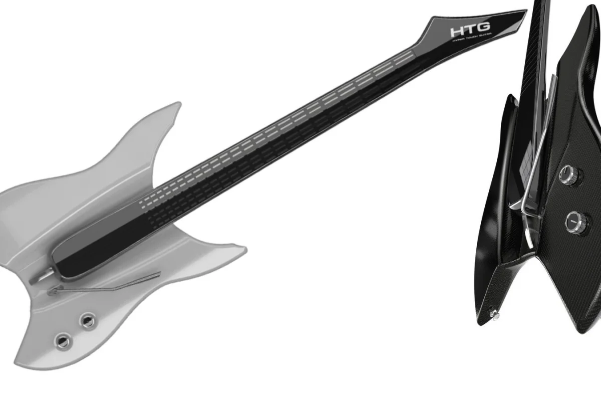 The Hyper Touch Guitar concept features a capacitive touchscreen neck with 24 fret positions, and either a small touchscreen pick zone version or one where the multi-touch interface continues down into the body from the neck
