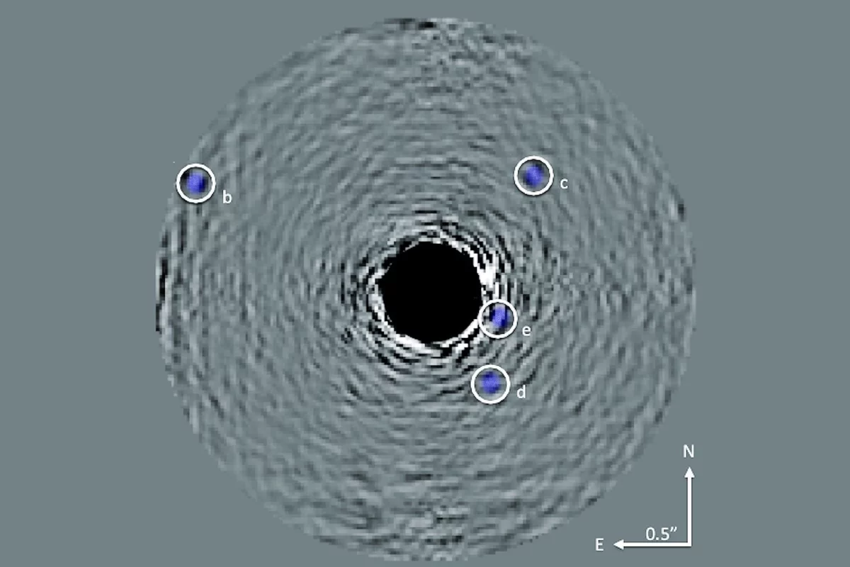 Project 1640 image of the four exoplanets orbiting HR 8977. The image has been enhanced for clarity (Photo: American Museum of Natural History)